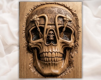 Biker Skull 3D Relief STL | Motorcycle Handlebar CNC Router Wood Carving File | Gothic Rider Wall Art | Home Decor