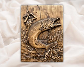 Fisherman & Muskie 3D Relief STL | Big Fish Jumping Scene Panel | CNC Router Carving File, 3D Print, Laser Engrave | Digital Download
