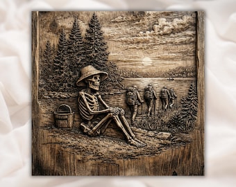 Gruseliges Skelett Camping STL Relief | Horror Lake Scene für CNC-Fräser | Aspire, VCarve Pro, Carveco, Fusion 360, ArtCAM | Wohndekor