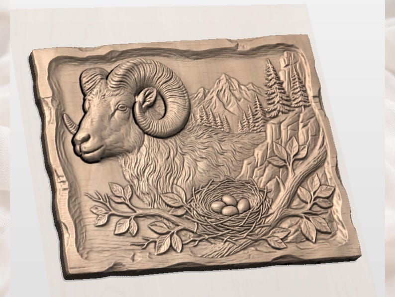 May include: A detailed relief carving of a ram's head with large curled horns, mountains, and trees. A nest with eggs is carved into the lower portion. The artwork is in a rectangular shape with a textured border, all in a light brown color.
