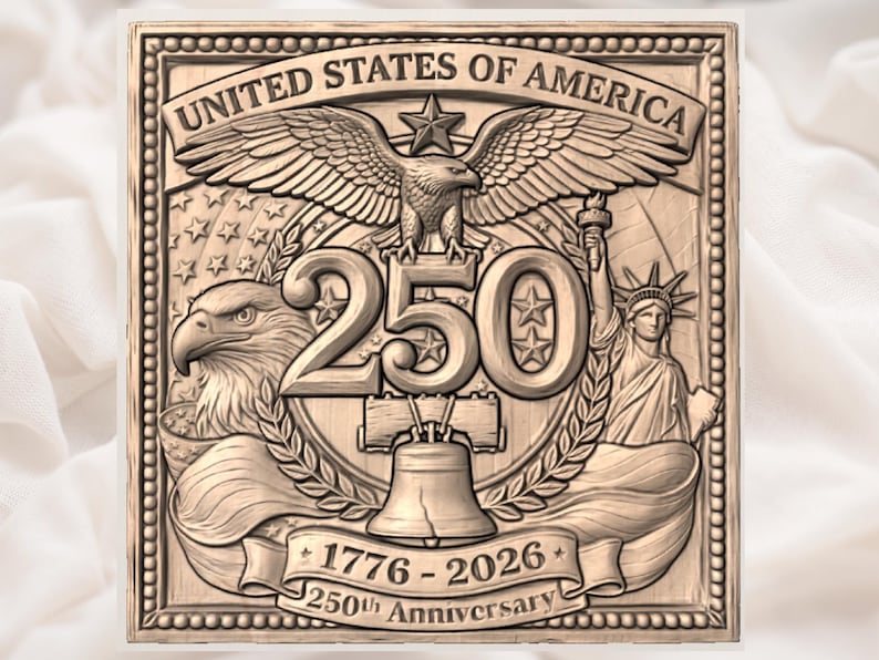 May include: A detailed, square, wooden relief carving commemorating the 250th anniversary of the United States of America. The design includes an eagle, the Statue of Liberty, the Liberty Bell, and the text "UNITED STATES OF AMERICA" and "1776-2026 250th Anniversary."