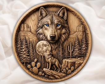 Howling Wolf Moon STL | 3D bas Relief CNC Wood Carving | Howling Wolf Wall Plaque | Wildlife 3D Print Model | Aspire VCarve ArtCAM Carveco