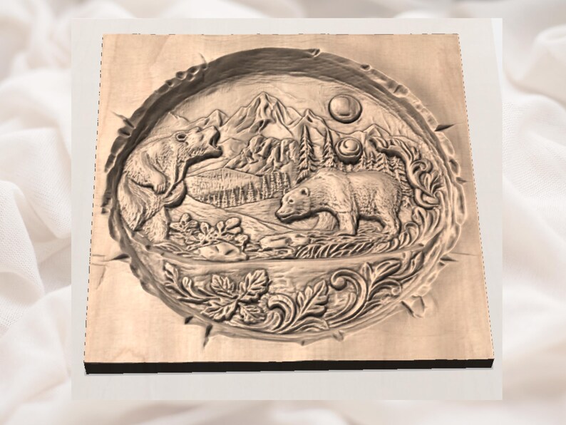 May include: A wooden relief carving depicting two bears in a mountain landscape. One bear is roaring, while the other stands calmly. The scene includes trees, mountains, and a sun or moon, all within a decorative border.