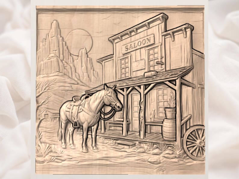 Vilda västern-salong STL-relief | Cowboyhäst 3D-sniderifil för CNC | Västra väggkonstpanel | Handskuren träådringslook STL | Heminredning bild 3
