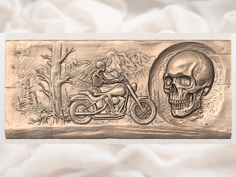 May include: A carved wooden panel depicting a skeleton riding a motorcycle through a mountain landscape. A large skull is on the right side. The panel is a light brown color.