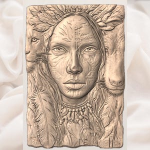 Tribal Woman & Wolf Lion 3D Relief STL view 2