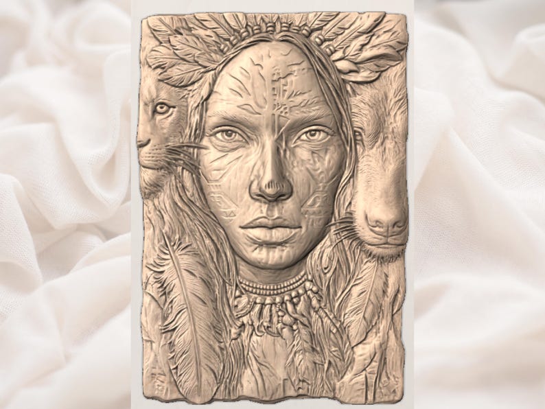 May include: A detailed relief carving featuring a central female figure with a lion on the left and a ram on the right. The woman wears a feathered headdress and necklace. The artwork is in shades of brown.