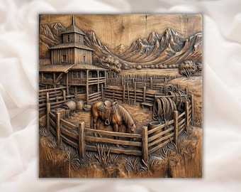 Western Ranch Horse STL Relief | Cowboy Corral 3D Carving File for CNC Router | Rustic Mountain Ranch Wall Art Panel | Home decor