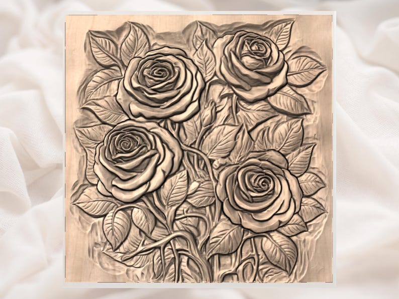 May include: A wooden carving featuring four roses with detailed petals and leaves. The roses are arranged in a square pattern, with stems and foliage visible. The carving is in a natural wood tone.