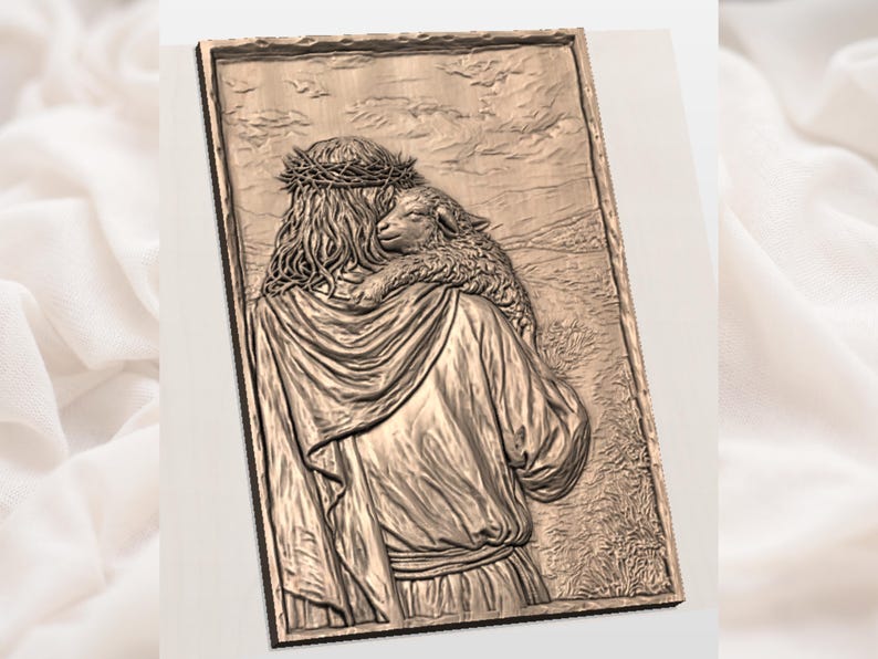 May include: A bronze-colored relief carving depicting a figure with long hair wearing a crown of thorns, cradling a lamb. The background shows a landscape with subtle details. The artwork is framed with a dark border.