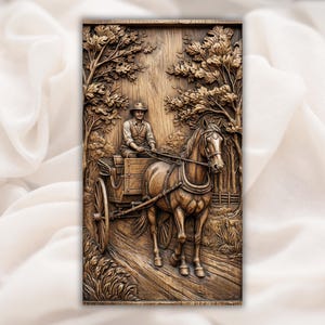 Cowboy Horse Carriage STL Relief view 1