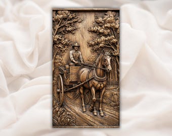 Cowboy Pferdekutsche STL Relief | Rustikaler Wagen 3D Schnitzdatei für CNC-Fräser | Aspire, VCarve Pro, Carveco, Fusion 360, ArtCAM