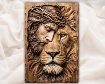 Jesus Lion of Judah STL | Prayer Room Decor | Crown of Thorns Wood Carving Model | Religious Wall Plaque | Sacred Biblical Faith Decor