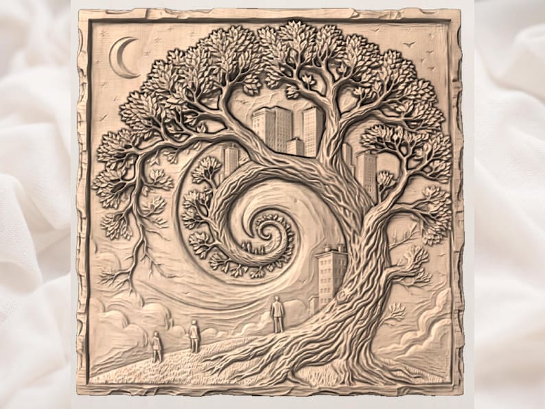 May include: A detailed relief carving depicts a tree with a spiral trunk, city buildings, and figures. The artwork features a crescent moon and birds in the sky. The color is a warm, earthy tone, suggesting a natural material or finish. The overall theme is nature and urban life.