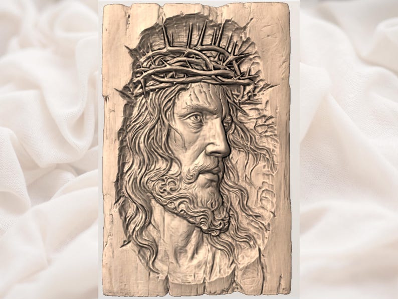 Jesus Face Crown of Thorns 3D Relief STL | Christian CNC Router Wood Carving Panel File | Bible Wall Art Bas-Relief | 3D Print STL Digital image 2