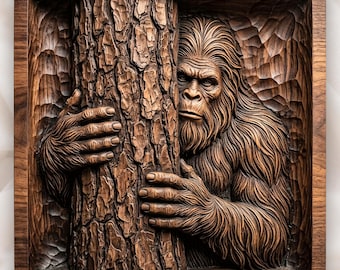 Bigfoot Peeking Behind Tree Wall Panel CNC Relief STL | Sasquatch Wood Art | Cabin Decor Project