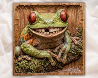Whimsical Toothy Tree Frog CNC Relief STL | Funny Wildlife Wall Art Panel | Rustic Animal Wood Carving Design | Jungle Home Decor