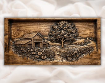 Rustikale Scheune Bauernhaus 3D Relief STL | CNC-Fräser-Holzschnitzdatei | Country Landschaft Baum Blumen Wall Art Panel