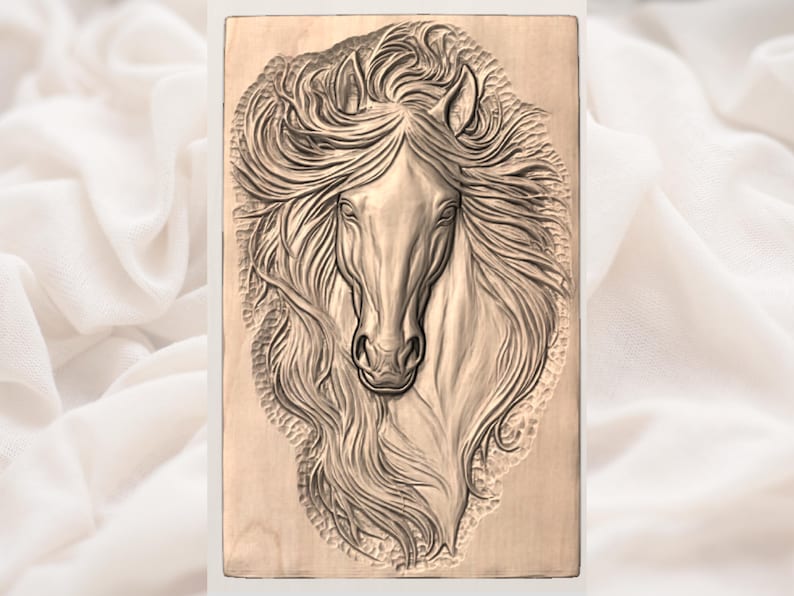 Horse Head STL | Flowing Mane Stallion Relief File | Equine Wood Carving Model | Western Ranch Wall Plaque | Farmhouse Horse Portrait Decor image 3