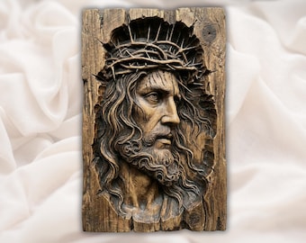 Jesus Face Crown of Thorns 3D Relief STL | Christian CNC Router Wood Carving Panel File | Bible Wall Art Bas-Relief | 3D Print STL Digital