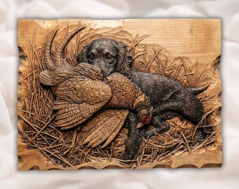 Bretagne-spaniël fazant STL | Jagerhond Fazant 3D-reliëf | Jachthond CNC-freessnijwerk | Muurkunstpaneel Upland Hunting | Jagercadeau