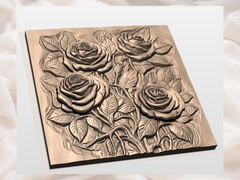May include: A square, wooden relief carving featuring four roses in full bloom, surrounded by detailed leaves and stems. The roses and foliage are intricately carved, creating a three-dimensional effect. The piece has a natural wood tone.