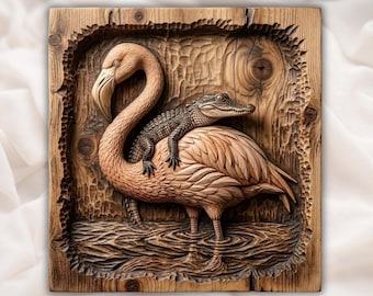 Flamingo STL | Alligator Relief Art | Coastal Wildlife Decor | Swamp Scene Artwork | Wood Carving Design | Tropical Plaque File