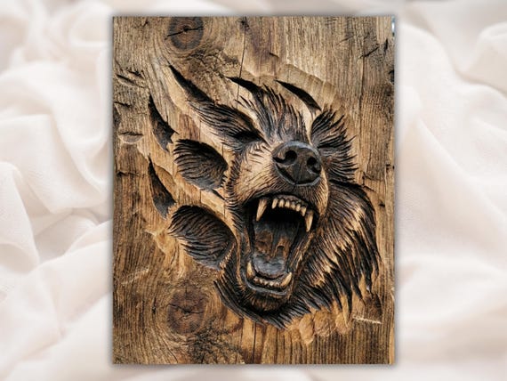 Roaring Bear Head 3D Relief STL File | Angry Bear Wood Grain CNC Carving | Wildlife Rustic Wall Art | 3D Print & Laser Engraving