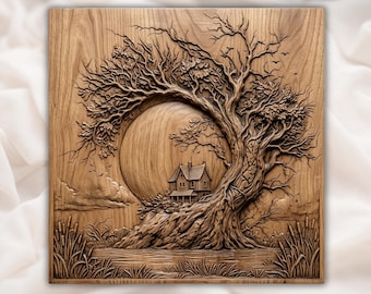 Haunted Tree House Landscape CNC Relief STL | Victorian Manor Wood Carving Design | Gnarled Oak Nature Wall Art Panel