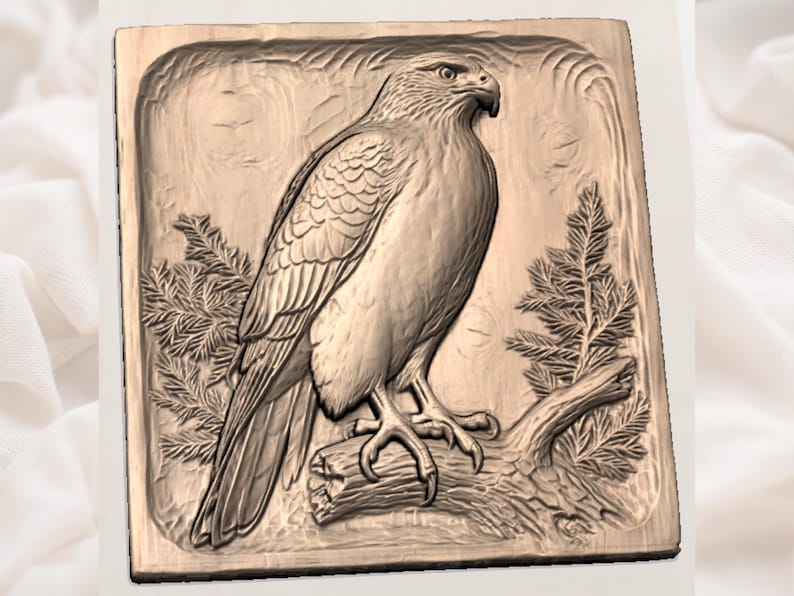 May include: A detailed, relief-carved wooden panel featuring a hawk perched on a branch. The hawk is depicted with intricate feather details and is surrounded by stylized foliage. The panel has a natural wood tone.