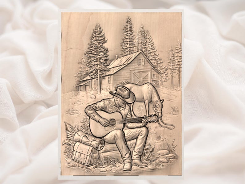 Cowboygitarrstuga 3D-relief STL | Westernmusikscen med häst- och ladugårdspanel | CNC-ruttersnideri, 3D-utskrift, lasergravyr | Digitalt bild 2