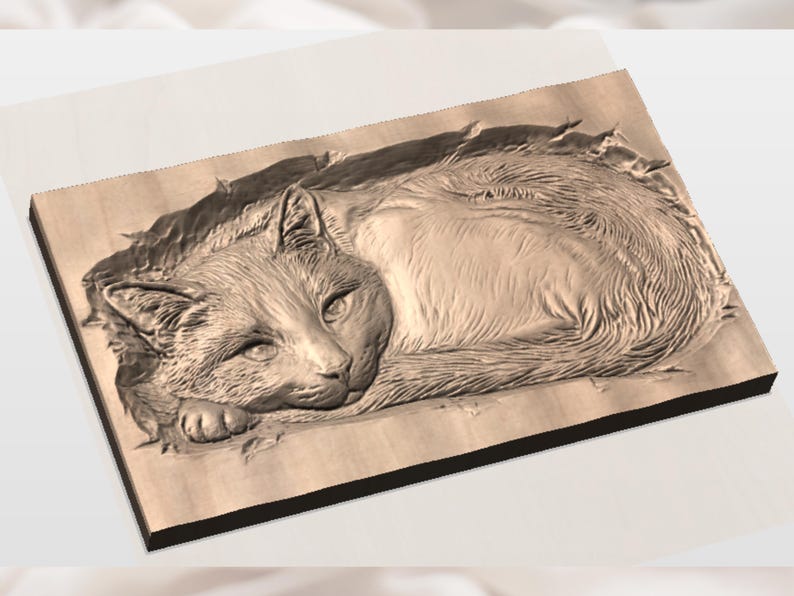 May include: A wooden relief carving of a cat lying down, with detailed fur and facial features. The cat is carved in a rectangular shape, with a dark border. The wood has a natural, light brown color.