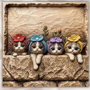 Funny Kittens in Flower Hats 3D Relief STL view 1