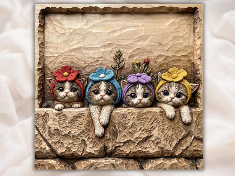Funny Kittens in Flower Hats 3D Relief STL