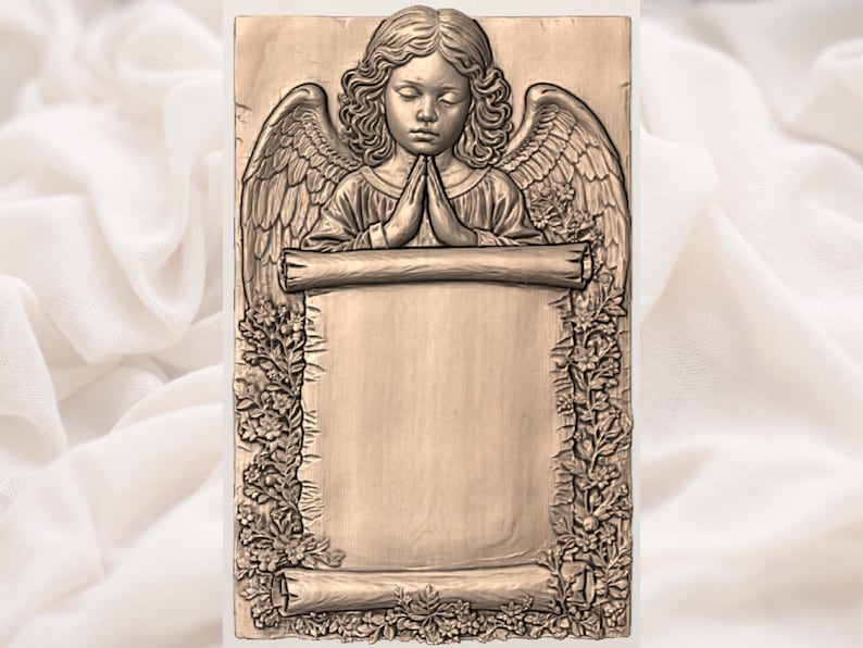May include: A detailed wooden relief carving of an angel with folded hands, wings, and a scroll. The angel is centered, framed by floral and foliate elements. The carving is in a natural wood tone, with fine details.