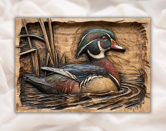 Wood Duck Relief STL | CNC Router 3D Carving Model | Waterfowl Wood Grain Bas Relief Panel | Wildlife Cabin Wall Art | 3D Print / Laser
