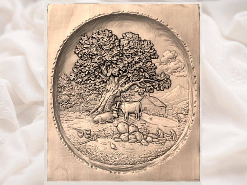 Countryside Farm File | Oak Tree Carving | Rural Landscape Decor | Cottage Wall Artwork | Mountain Pastoral Scene | Wood Grain Relief image 2