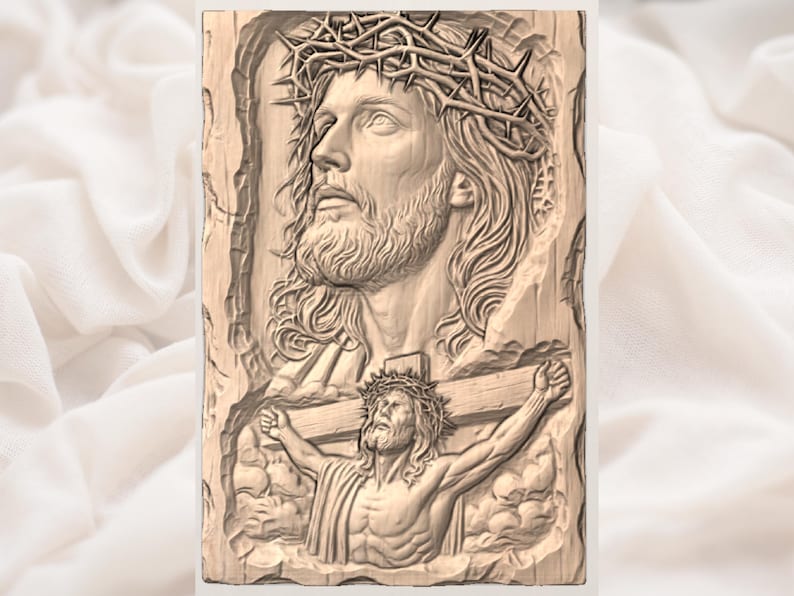 May include: A detailed wood carving depicts a portrait of Jesus wearing a crown of thorns, with a second image of Jesus on the cross below. The carving is in shades of brown and beige, with intricate details in the hair and facial features.