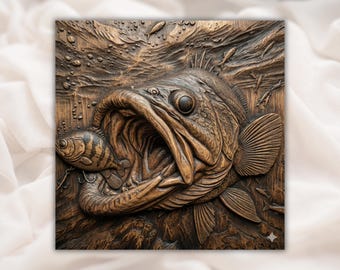 Big Bass 3D Relief STL | Predator Fish With Bait Underwater Scene | CNC Router Carving File, 3D Print, Laser Engrave | Digital