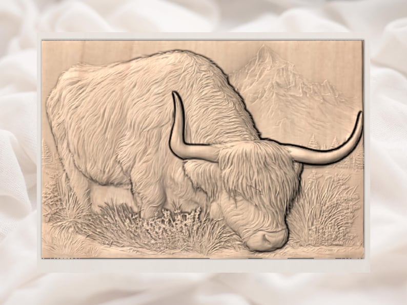 May include: A wooden carving of a Highland cow in a naturalistic setting. The artwork depicts the cow with long, shaggy fur, curved horns, and a mountain backdrop. The carving is in shades of brown and beige.