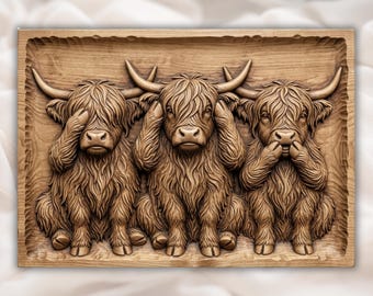 Highland Cow Wise Trio CNC Relief STL | Rustic Farmhouse Wall Art Panel | Scottish Cattle Wood Carving