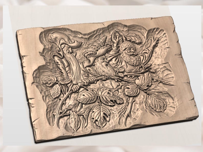 May include: A detailed, carved wooden relief depicting a scene with a bearded figure, a bird, and foliage. The relief is in shades of brown and features intricate details, including leaves and a flowing element, possibly a waterfall or a cloak.