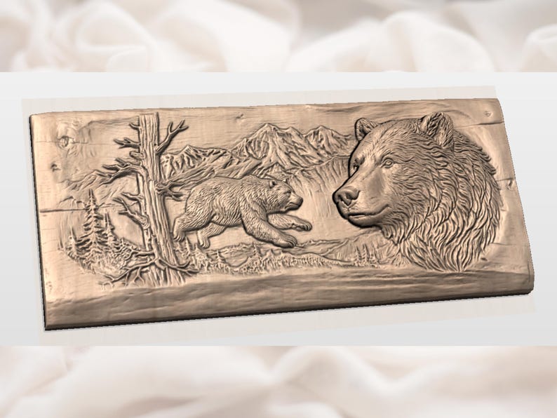 Grizzly Bear Bas Relief STL | Mountain Wilderness Plaque | Rustic Lodge Wall Decor |Grizzly Mountain Wall Art | Hand Carved Wood Grain Panel image 2