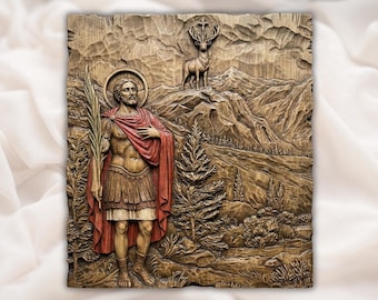 Saint Hubertus 3D Relief STL | Patron Saint of Hunters CNC Router Wood Carving File | Christian Hunting Wall Art Bas-Relief