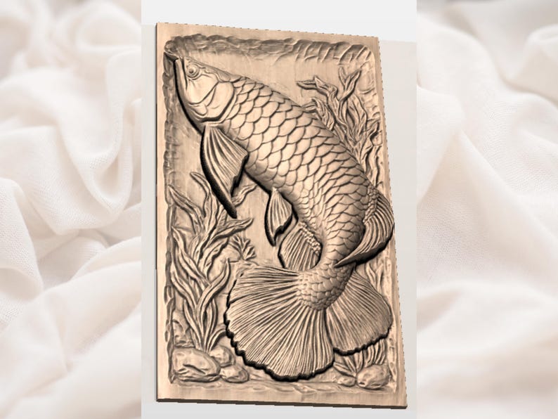 May include: A detailed relief carving of a fish, possibly an Arowana, within a rectangular frame. The fish features textured scales, fins, and a flowing tail, surrounded by aquatic plants. The carving is in a warm, natural wood tone.