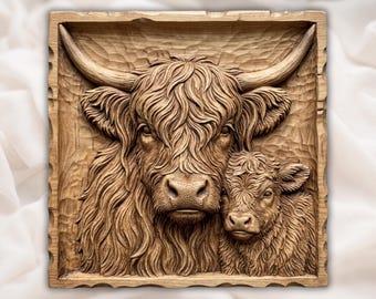 Highland Cow and Calf Bas-Relief STL | Scottish Cattle Farmhouse Wall Art CNC Router | Laser