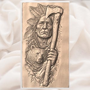 Native Warrior with Bear 3D Relief STL view 2