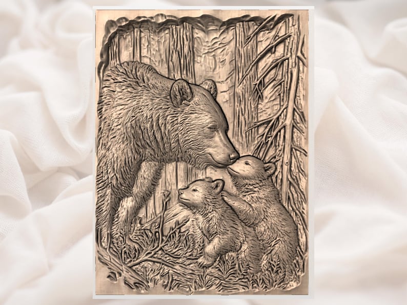 May include: A detailed relief carving depicts a mother bear and two cubs in a forest setting. The bears are rendered in a naturalistic style, with textured fur and expressive features. The background includes stylized trees and foliage.