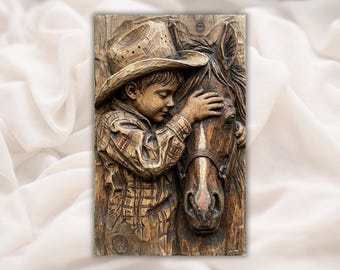 Cowboy and Horse 3D Relief STL File | Cowboy Kid Western Wood Grain CNC Carving | Ranch Wall Art Panel | 3D Print & Laser Engraving