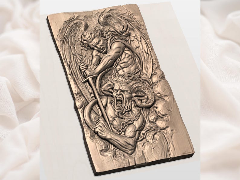 May include: A bronze relief carving showing a battle between an angel and a demon. The angel, with large wings, is about to strike the demon with a sword. The demon has horns and is chained.